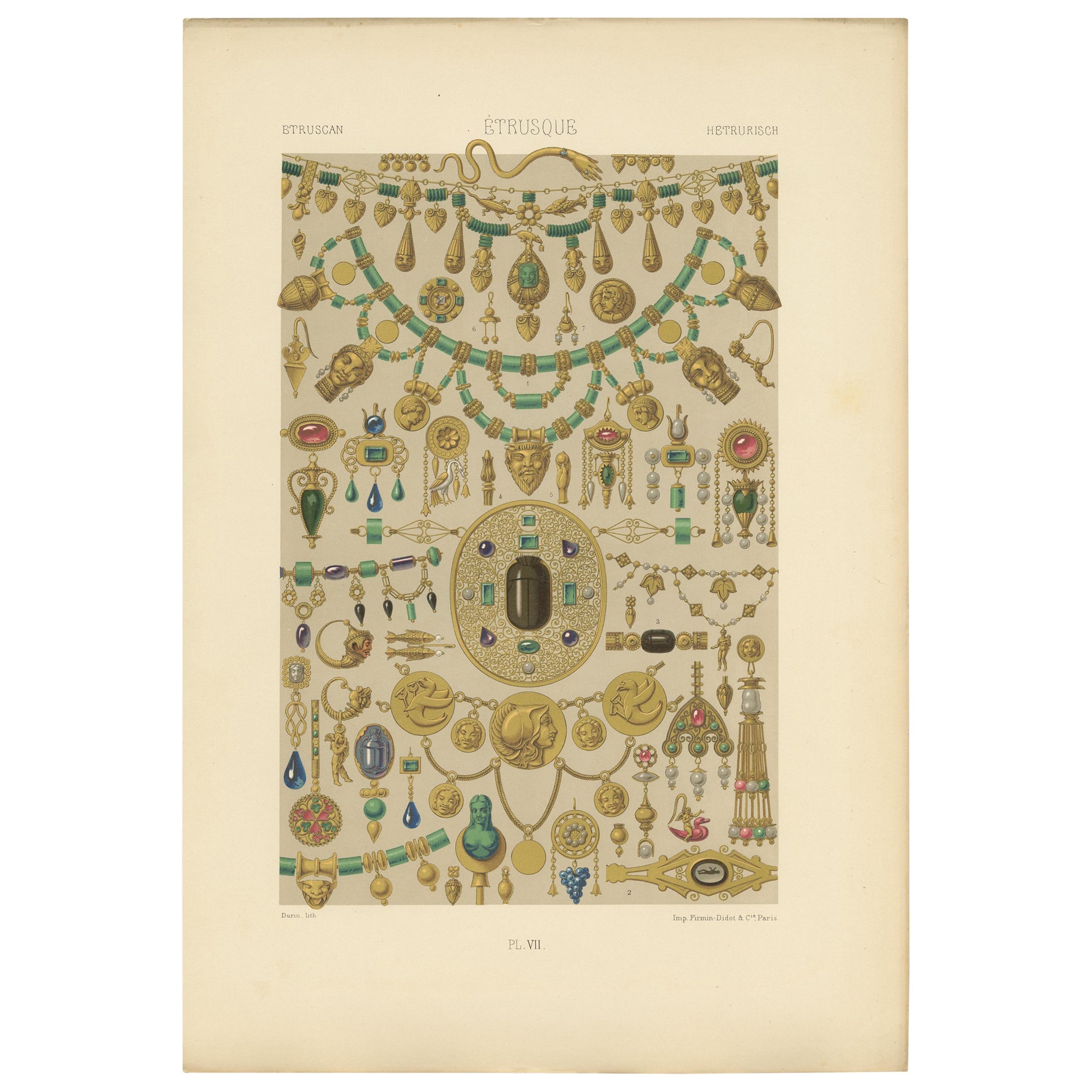 Pl. 7 Antique Print of Etruscan Ornaments by Racinet, circa 1890 For Sale