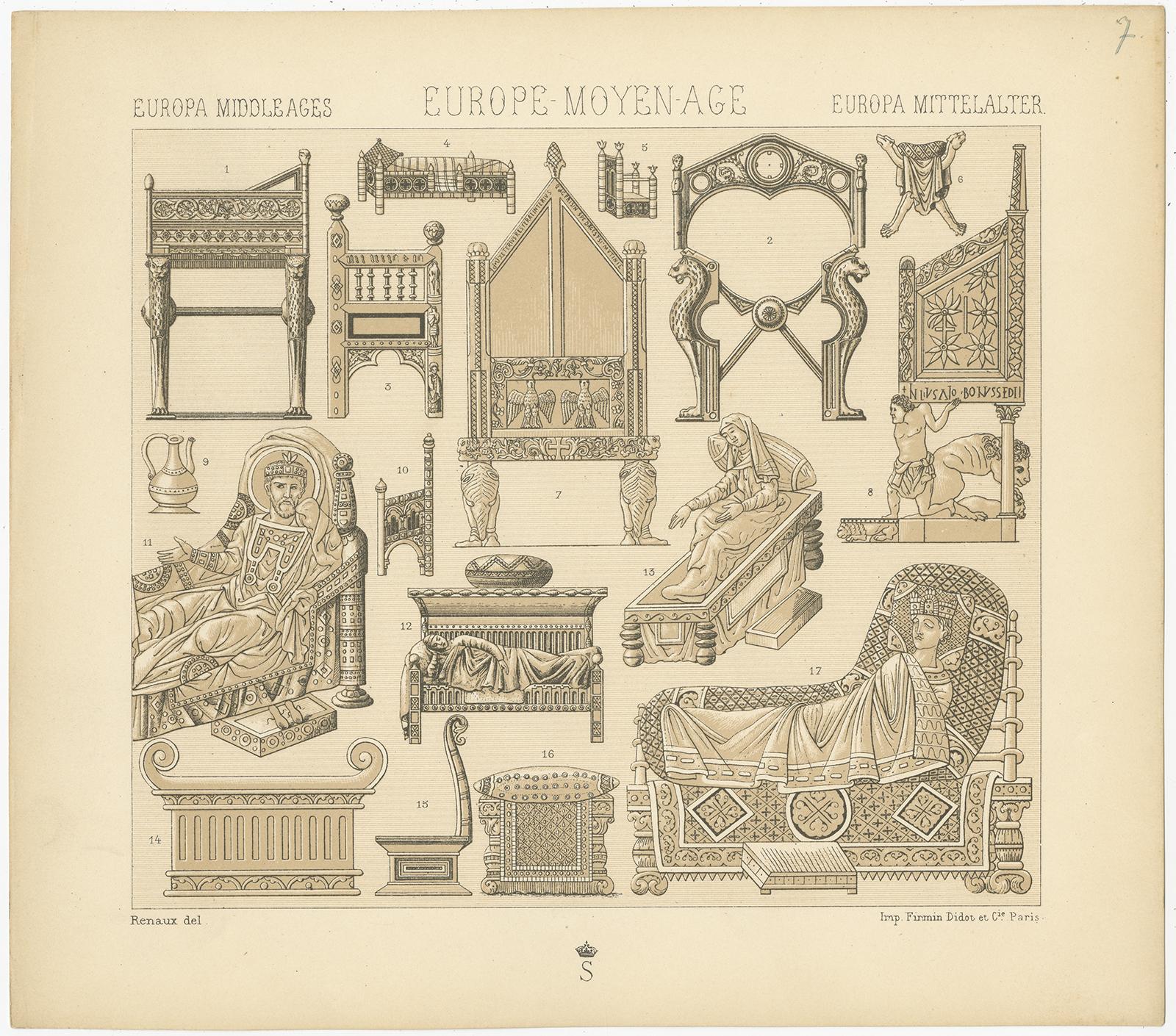 Antique print titled 'Europa Middle Ages - Europe Moyen Age - Europa Mittelalter'. Chromolithograph of European Middle Ages Statue Objects. This print originates from 'Le Costume Historique' by M.A. Racinet. Published circa 1880.
