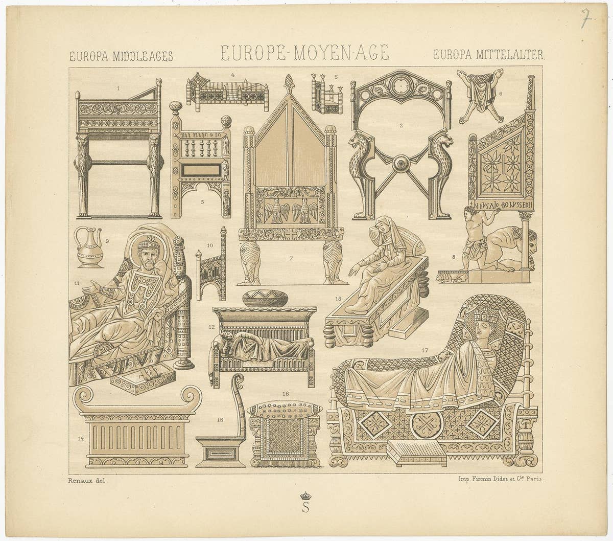 Pl. 7 Antique Print of European Middle Ages Statue Objects by Racinet circa 1880