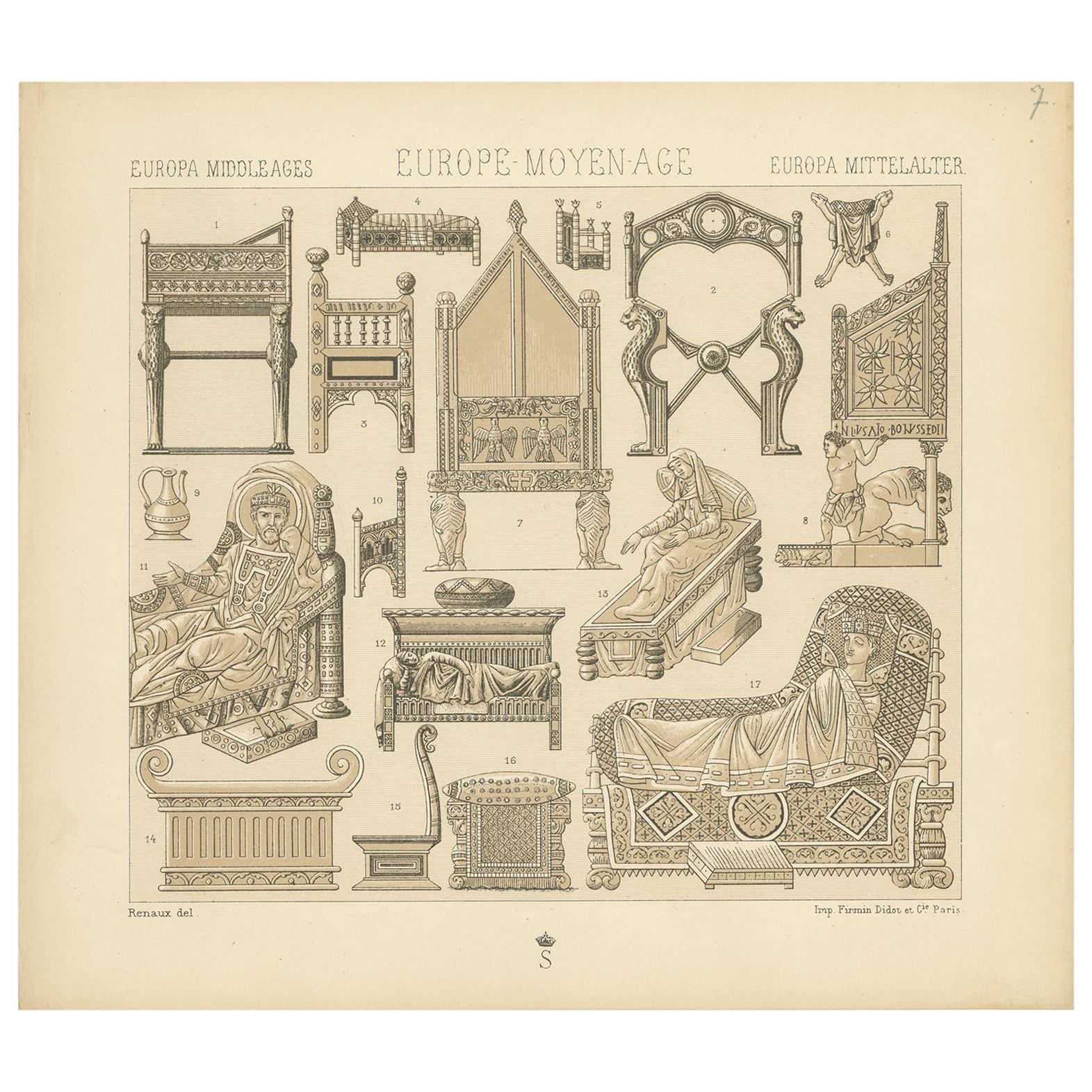 Pl. 7 Stampa antica di oggetti statuari del Medioevo europeo di Racinet, circa 1880