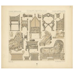 Pl. 7 Antique Print of European Middle Ages Statue Objects by Racinet circa 1880