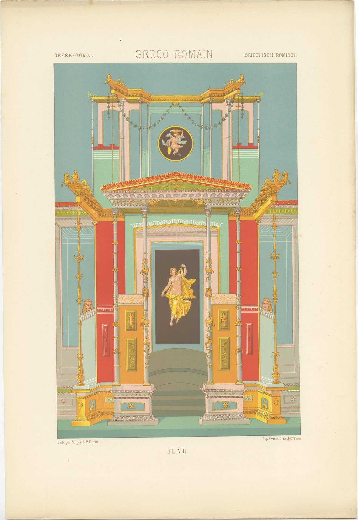 Antique Chromolithograph Print of Greek Roman Ornaments, Circa 1890