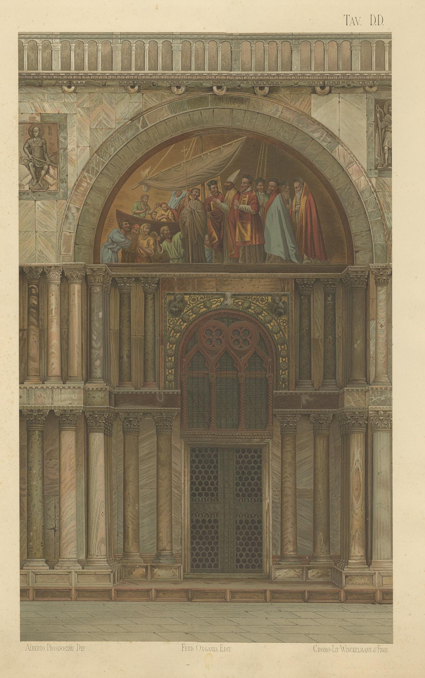 Large chromolithograph of the portal of San Clemente of the Basilica of San Marco, Venice, Italy. This print originates from 'Basilica di San Marco in Venezia' by Ferdinando Ongania. Published, 1881.