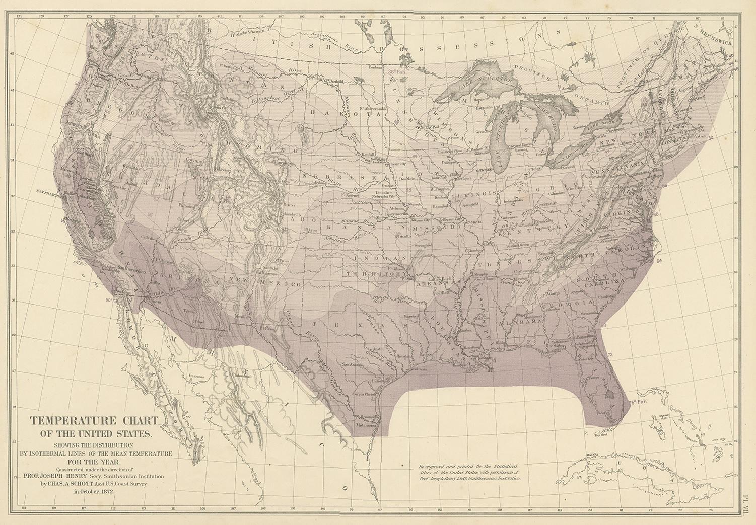 Antique chart titled 'Temperature chart of the United States. Showing the distribution by isothermal lines of the mean temperature for the year. Constructed under the direction of Prof. Joseph Henry, Sec'y. Smithsonian Institution by Chas. A.