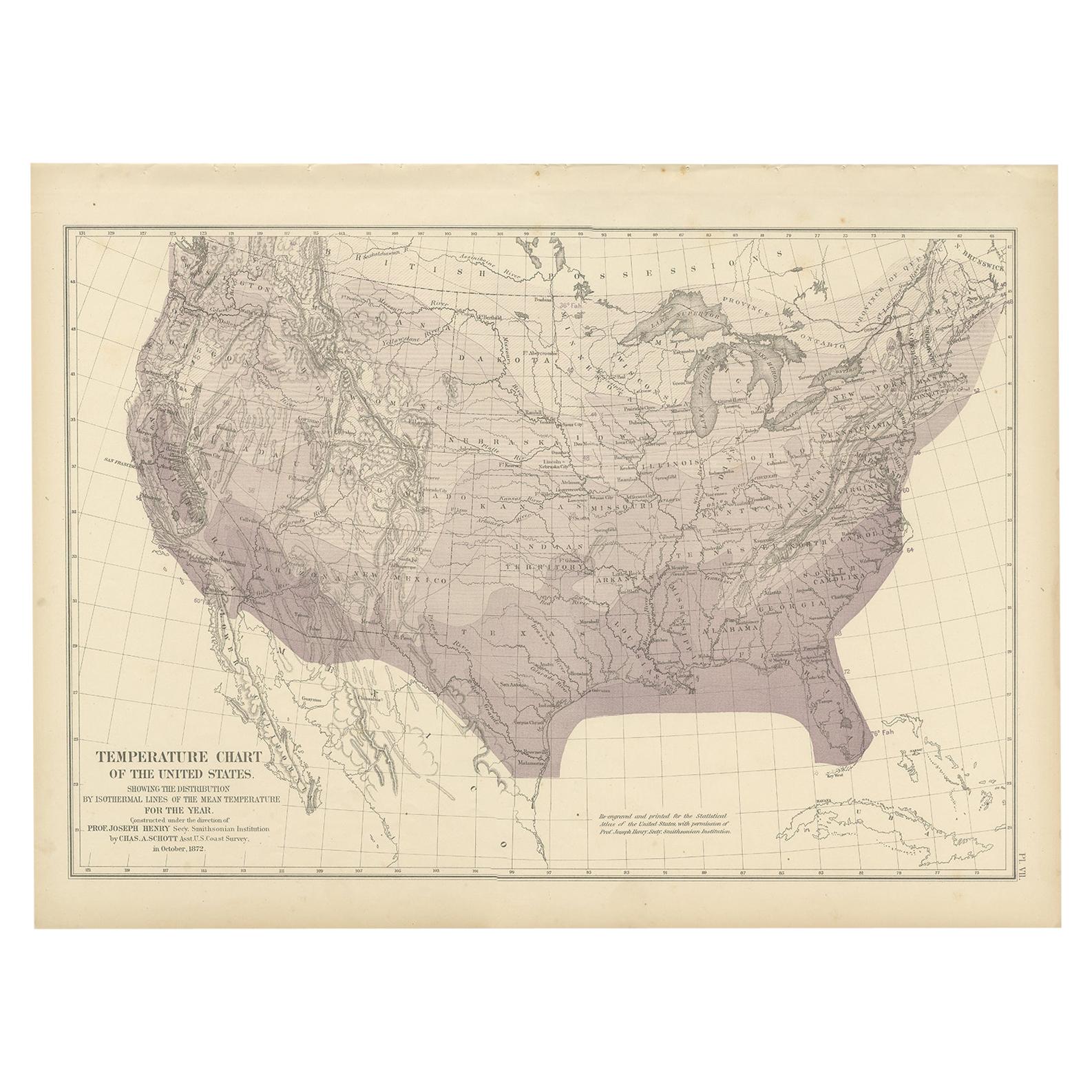 Pl. 7 Antique Temperature Chart of the United States by Walker, 1874 For Sale