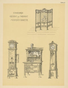 Antique Design Print of Clocks and Furniture, circa 1910