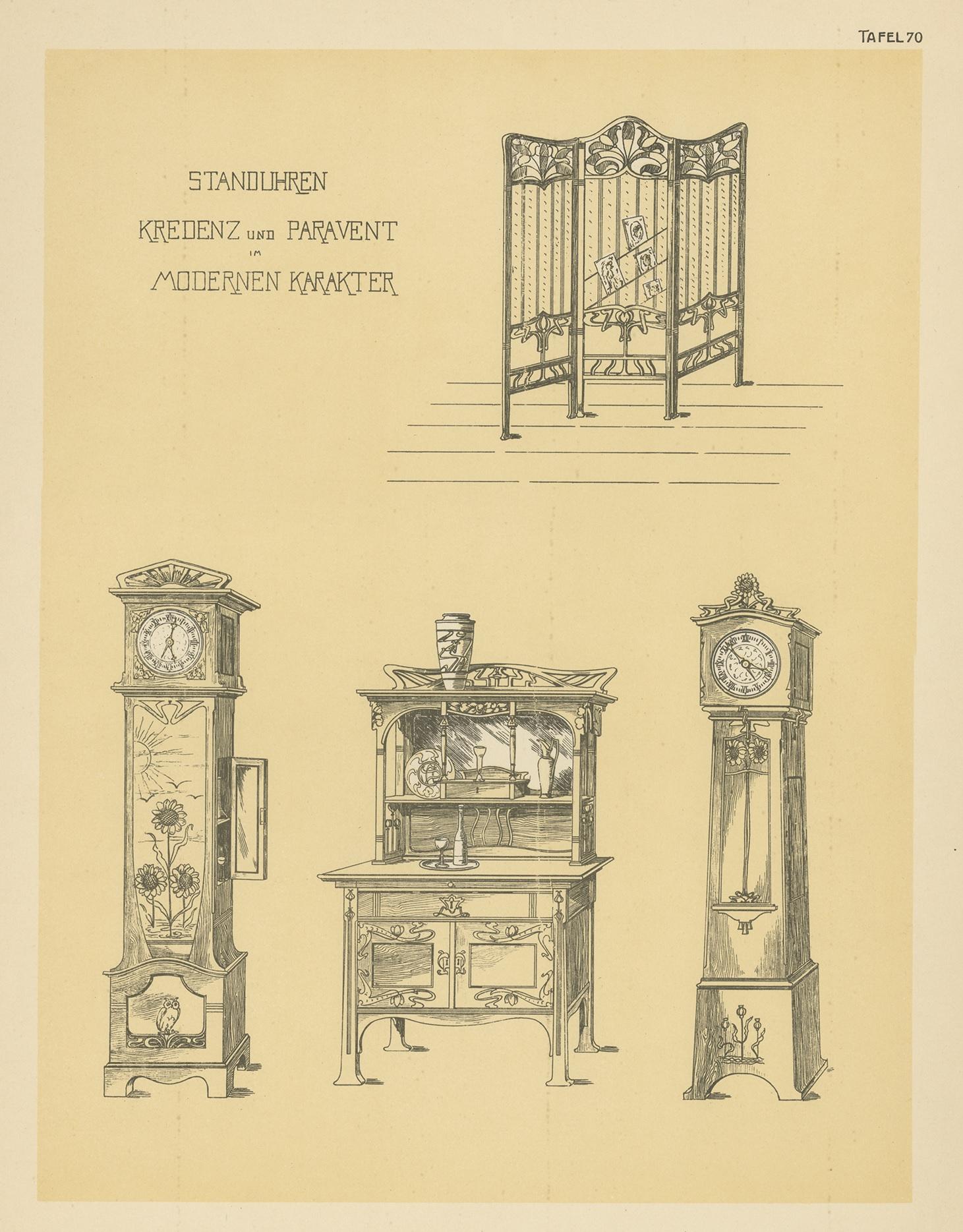 Antiker Designdruck von Uhren und Möbeln, um 1910 (20. Jahrhundert) im Angebot