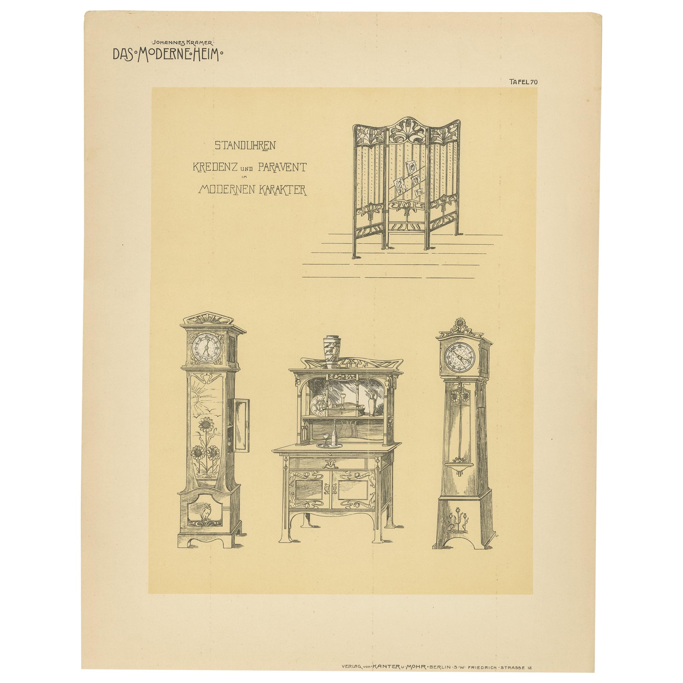 Grabado de diseño antiguo de relojes y muebles, hacia 1910
