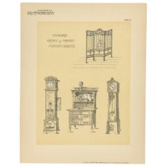 Antique Design Print of Clocks and Furniture, circa 1910
