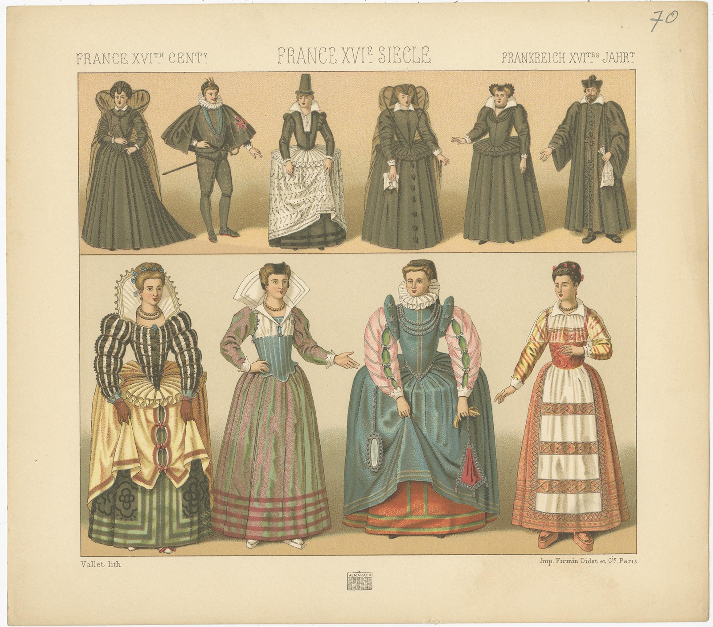 Antique print titled 'France XVI Cent - France XVIe Siecle - FrankreichXVItes Jahr'. Chromolithograph of French 16th century costumes. This print originates from 'Le Costume Historique' by M.A. Racinet. Published circa 1880.