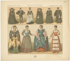 Pl. 70 Antique Print of French 16th Century Costumes by Racinet, circa 1880