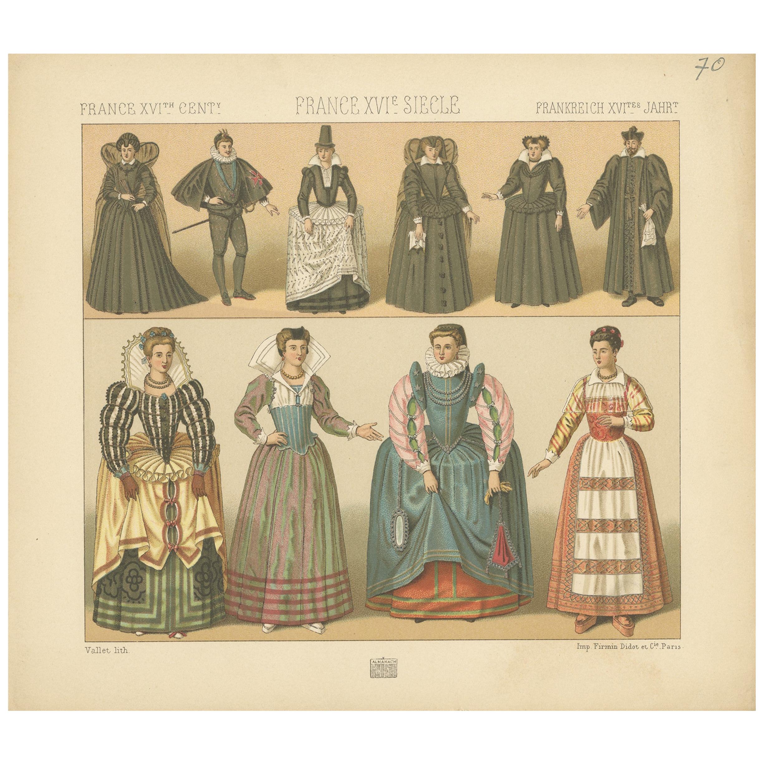Pl. 70 Antique Print of French 16th Century Costumes by Racinet, circa 1880 For Sale