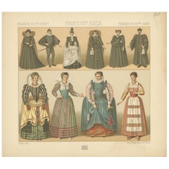 Impression ancienne de costumes françaises du 16ème siècle Pl. 70 par Racinet, vers 1880