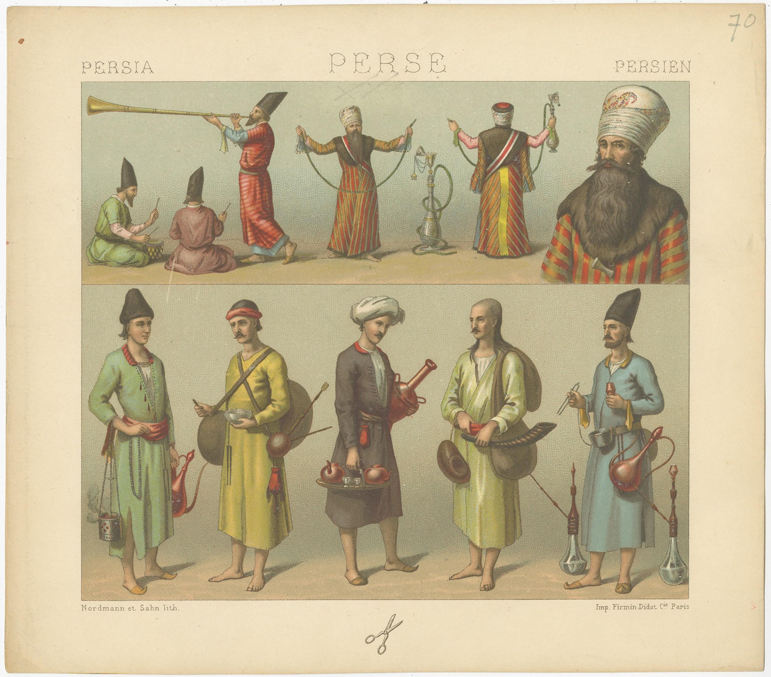 Antique print titled 'Persia - Perse - Persien'. Chromolithograph of Persian Costumes. This print originates from 'Le Costume Historique' by M.A. Racinet. Published, circa 1880.