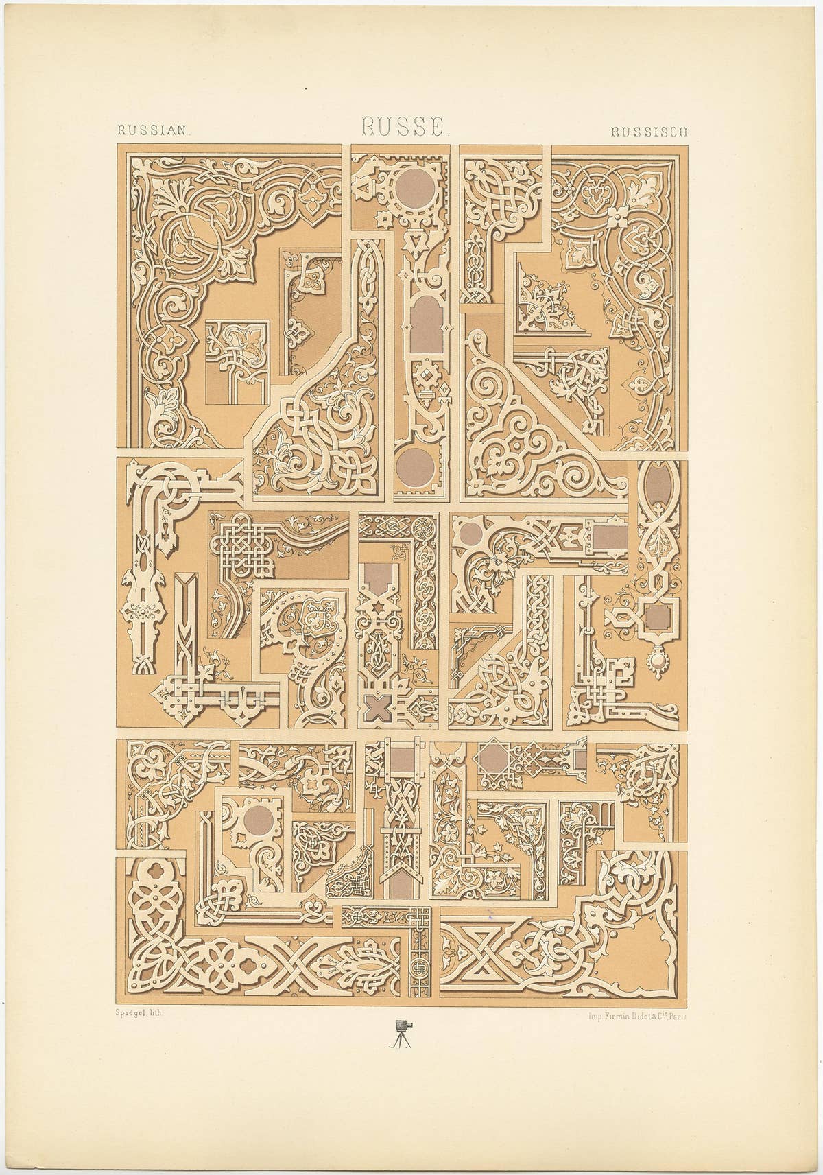 Pl. 70 Antique Print of Russian Corner Motifs from Metalwork Design by Racinet
