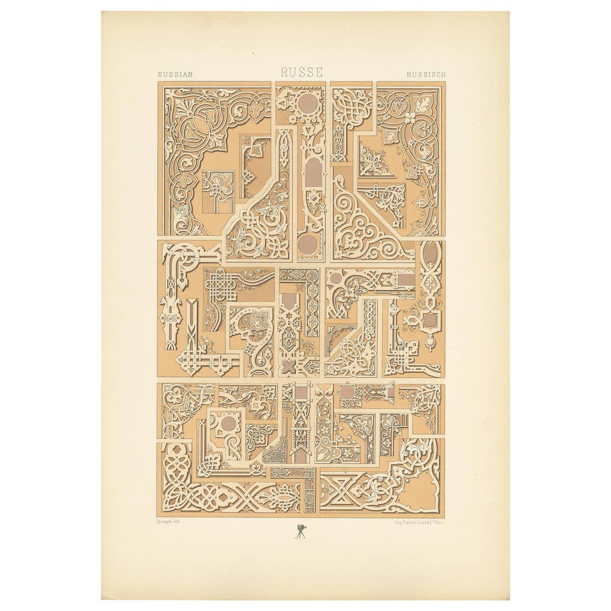 Pl. 70 Antique Print of Russian Corner Motifs from Metalwork Design by Racinet