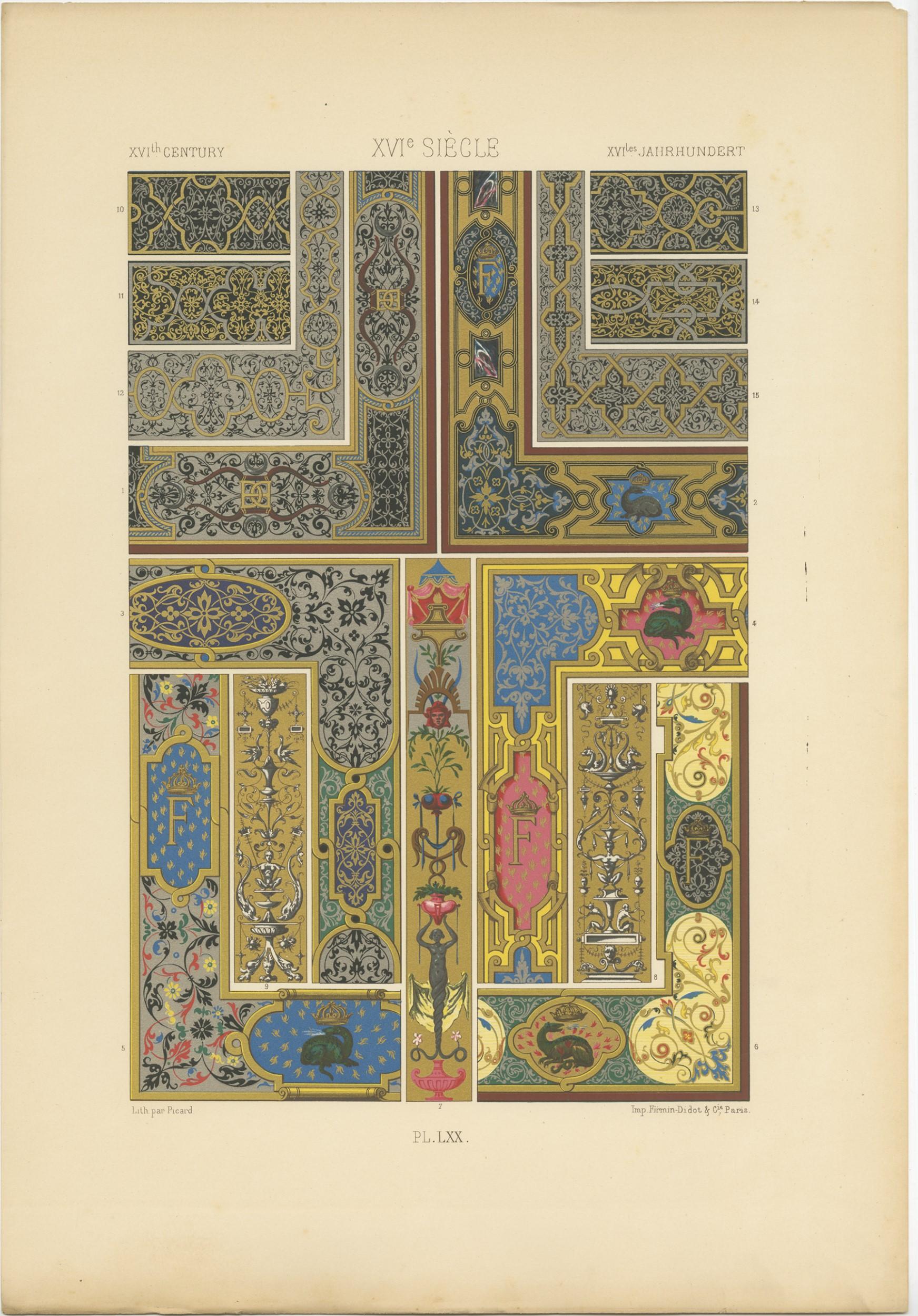 Antique print titled 'XVIth Century - XVIe Siécle - XVItes Jahrhundert'. Chromolithograph of XVIth Century ornaments and decorative arts. This print originates from 'l'Ornement Polychrome' by Auguste Racinet. Published circa 1890.