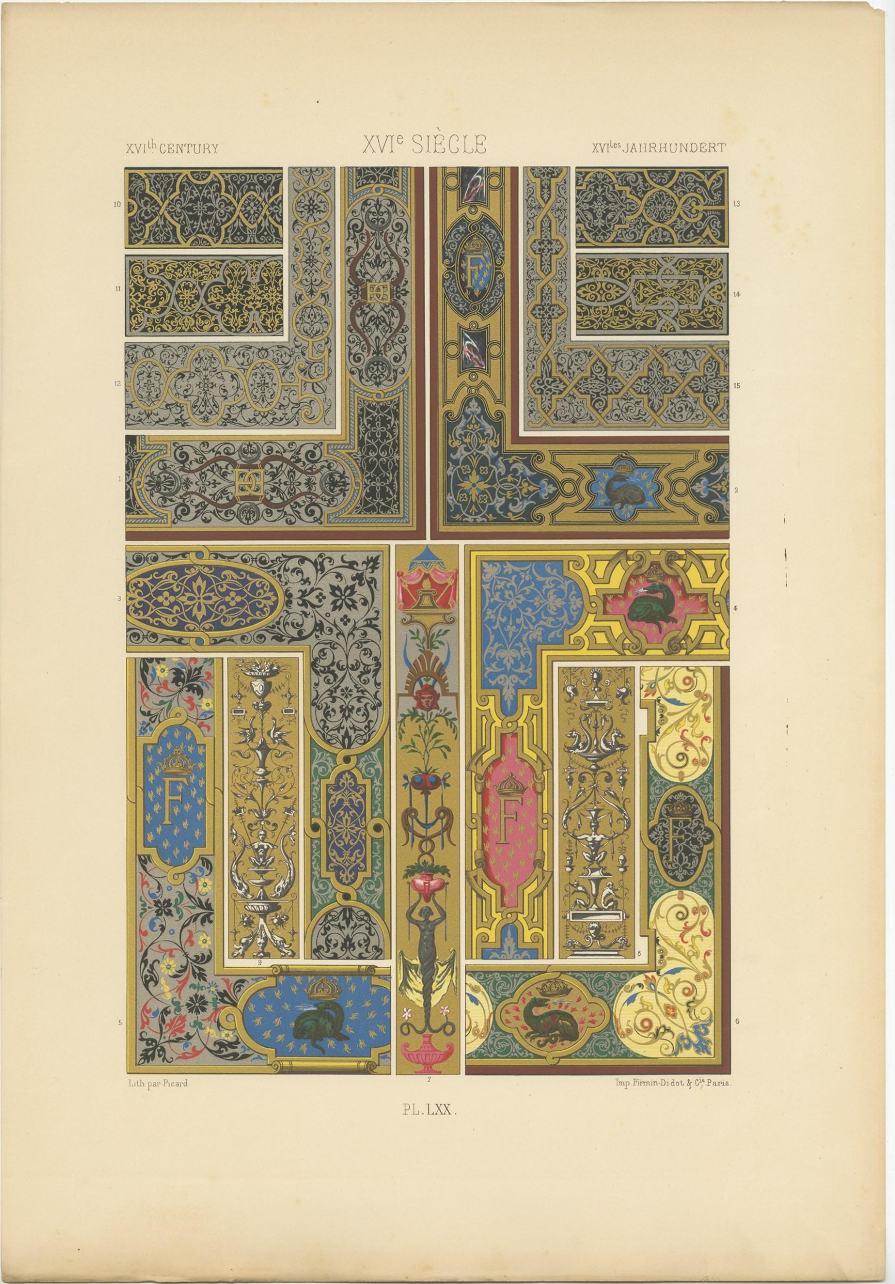 Grabado antiguo titulado 'XVIth Century - XVIe Siécle - XVItes Jahrhundert'. Cromolitografía de ornamentos y artes decorativas del siglo XVI. Este grabado procede de 