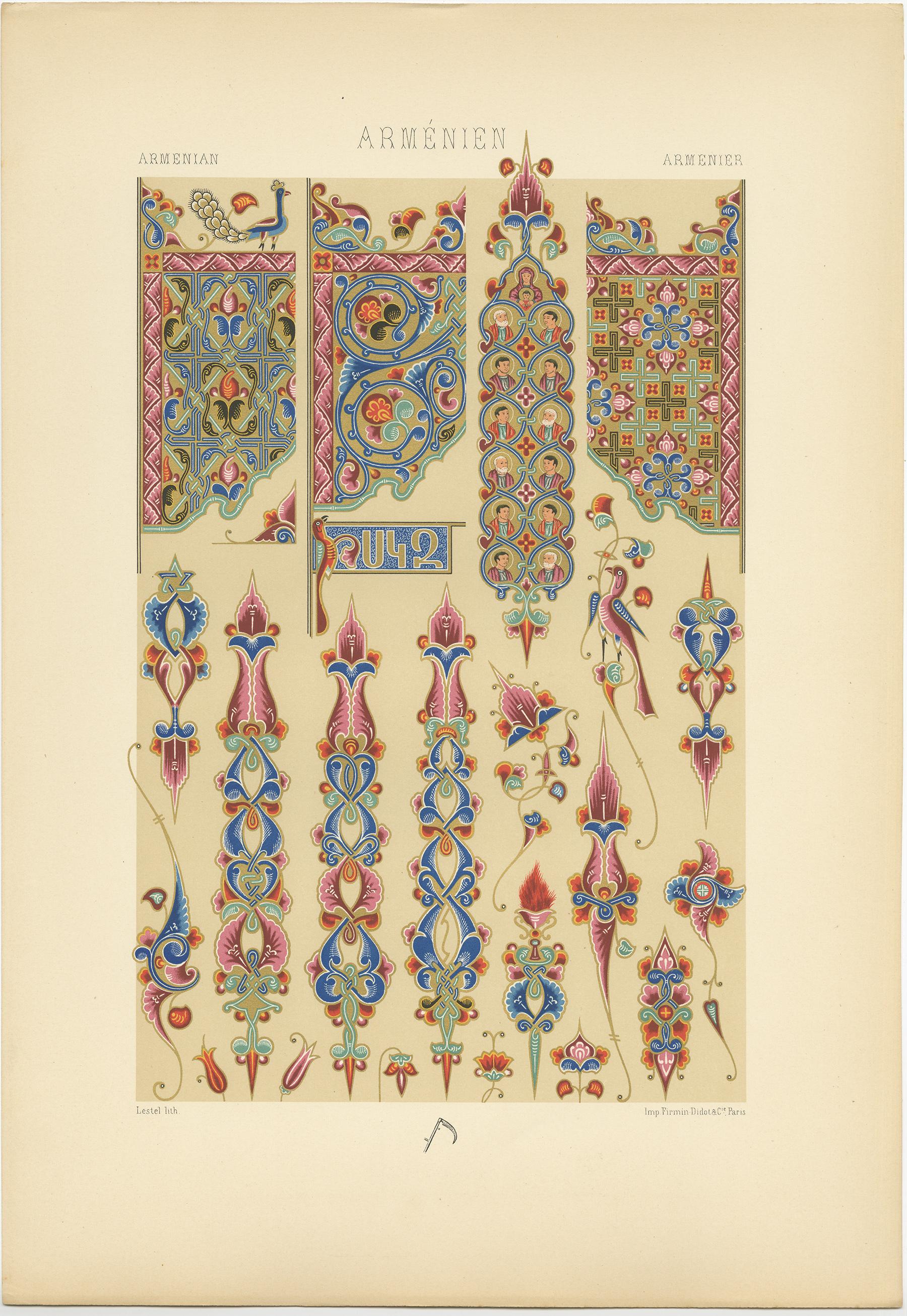 Antique print titled 'Armenian - Armenien - Armenier'. Chromolithograph of motifs from an illuminated gospel manuscripts 16th century ornaments. This print originates from 'l'Ornement Polychrome' by Auguste Racinet. Published circa 1890.