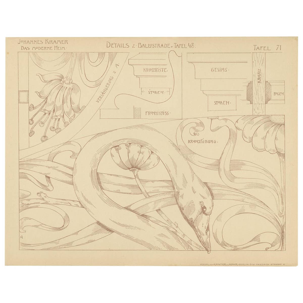 Pl. 71 Antique Print of Furniture Details by Kramer, circa 1910