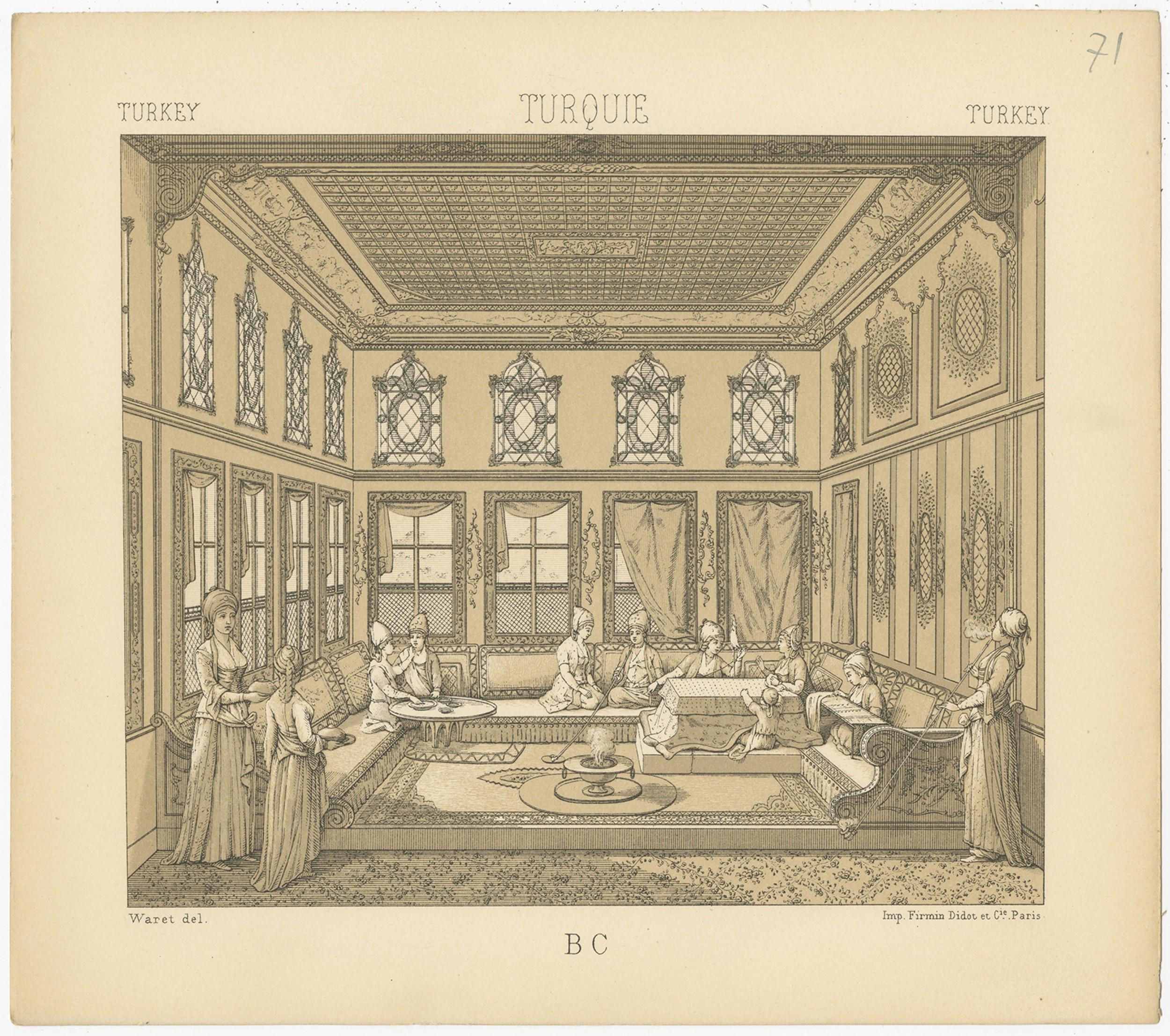 Antique print titled 'Turkey - Turque - Turkey'. Chromolithograph of Turkish interior. This print originates from 'Le Costume Historique' by M.A. Racinet. Published, circa 1880.