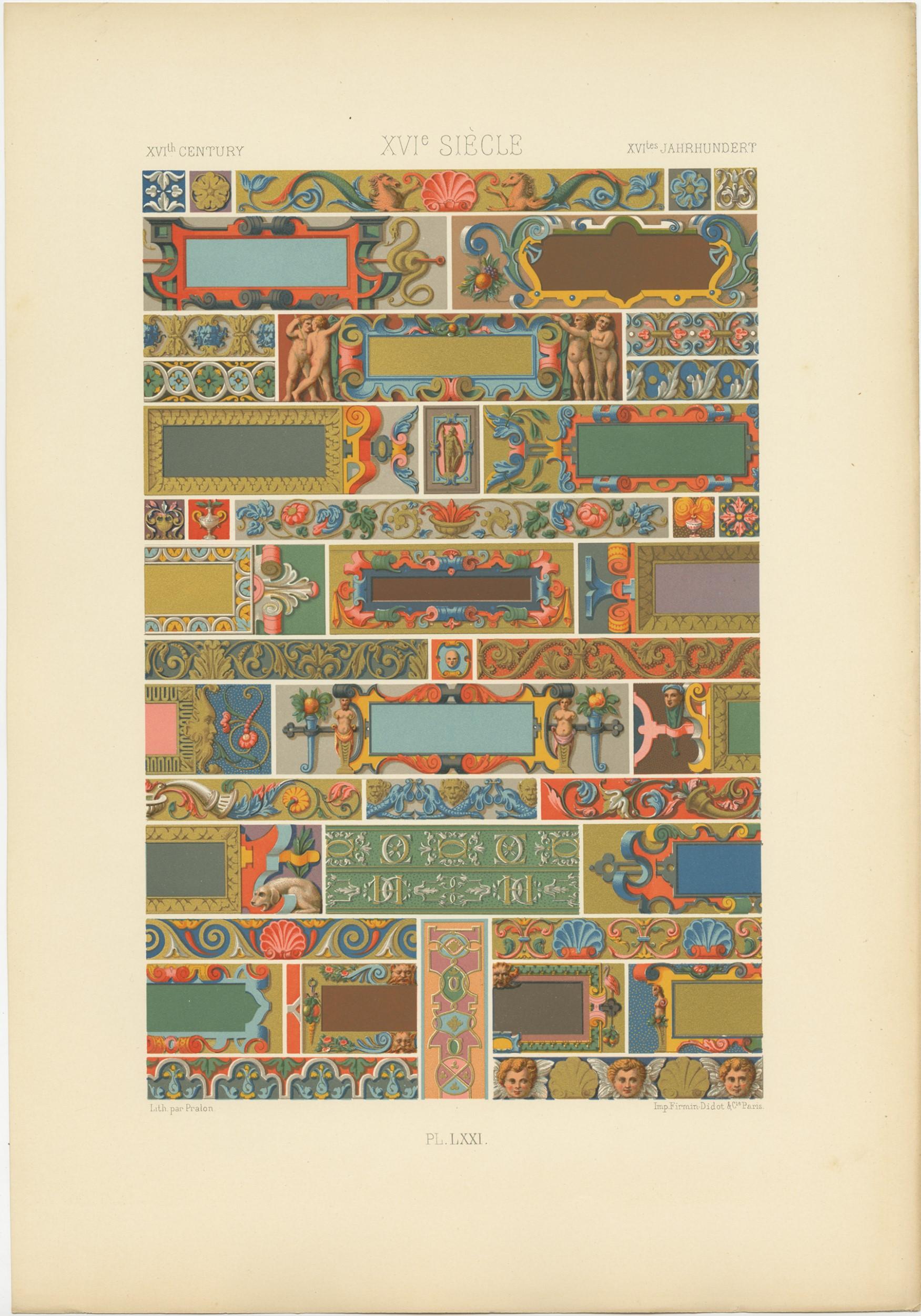 Antique print titled 'XVIth Century - XVIe Siécle - XVItes Jahrhundert'. Chromolithograph of XVIth Century ornaments and decorative arts. This print originates from 'l'Ornement Polychrome' by Auguste Racinet. Published circa 1890.