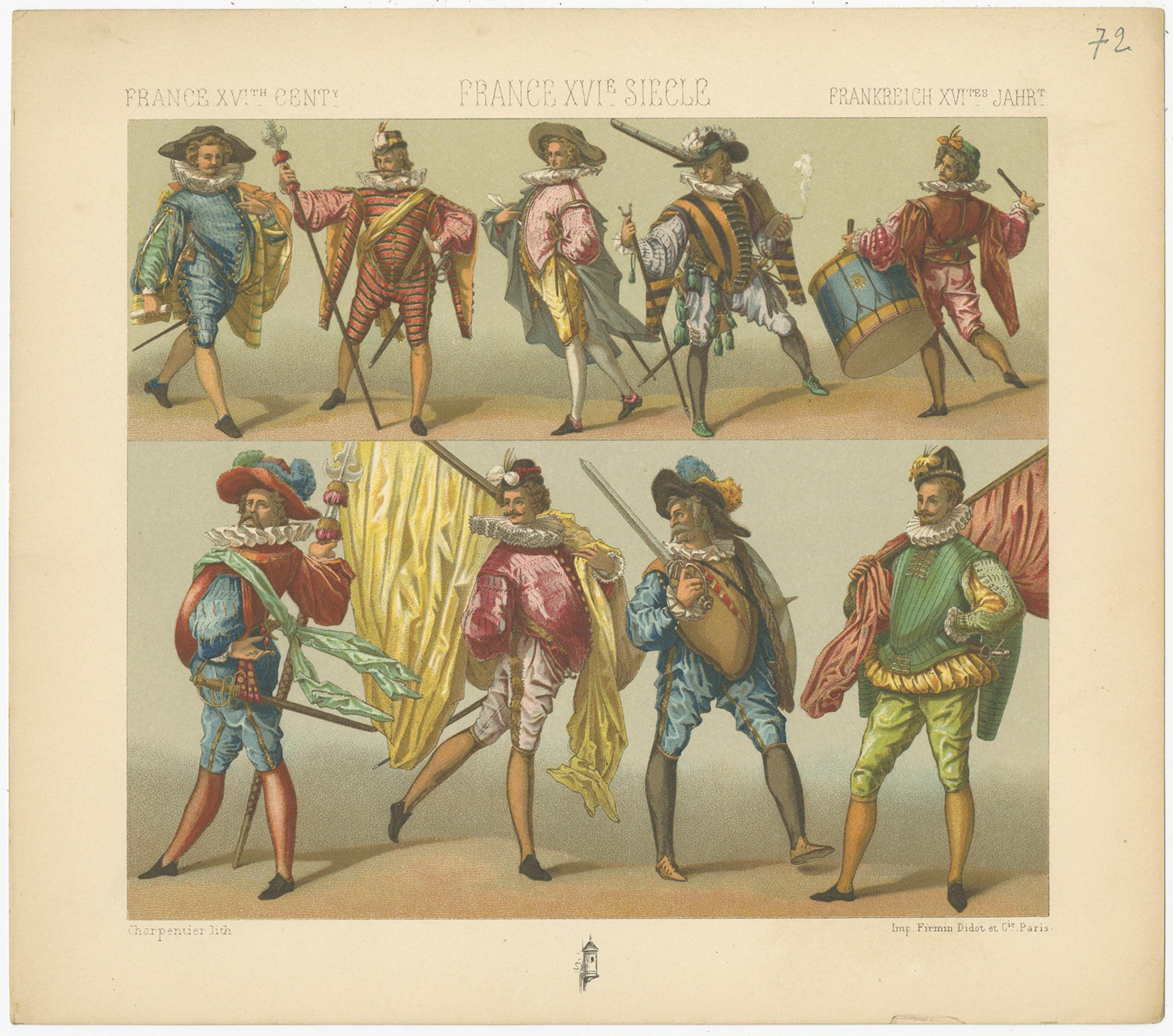 Antique print titled 'France XVI Cent - France XVIe Siecle - FrankreichXVItes Jahr'. Chromolithograph of French XVIth Century Costumes. This print originates from 'Le Costume Historique' by M.A. Racinet. Published, circa 1880.