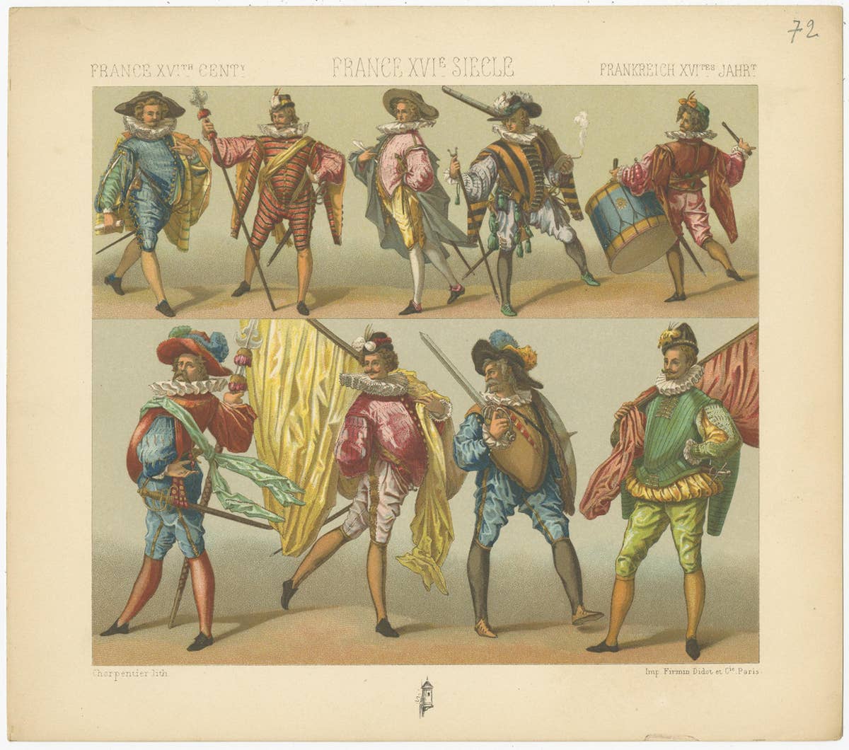 Pl. 72 Antique Print of French XVIth Century Costumes by Racinet, circa 1880