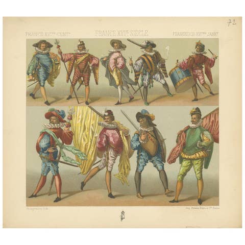Pl. 72 Antique Print of French XVIth Century Costumes by Racinet, circa 1880