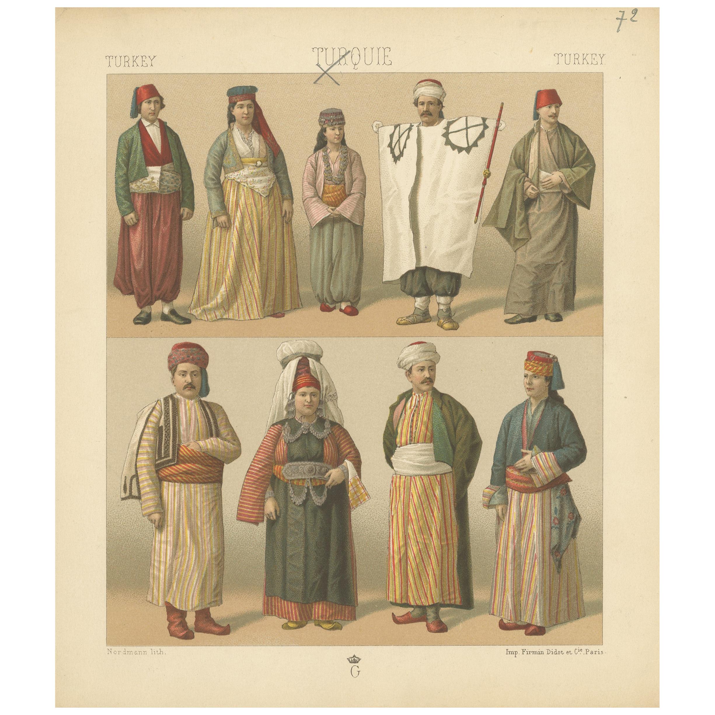 Pl. 72 Antique Print of Turkish Costumes by Racinet, 'circa 1880'