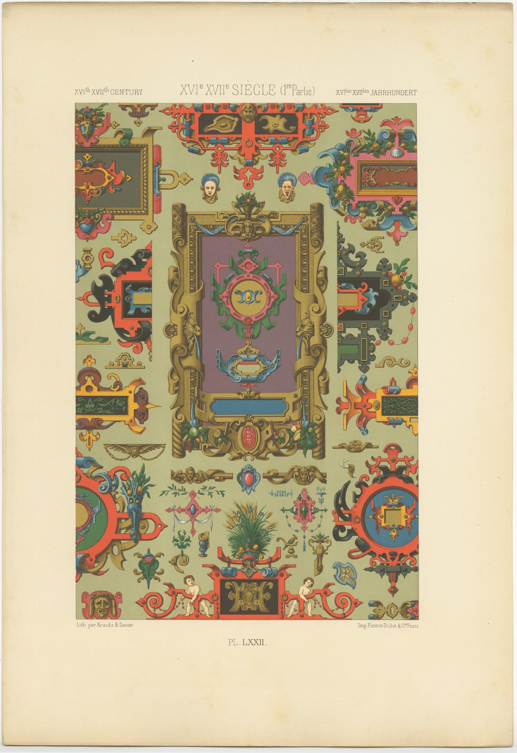 Antique print titled 'XVIth and XVIIth Century - XVIe et XVIIe Siecle - XVItes et XVIItes Jahrhundert'. Chromolithograph of XVIth and XVIIth Century ornaments and decorative arts. This print originates from 'l'Ornement Polychrome' by Auguste