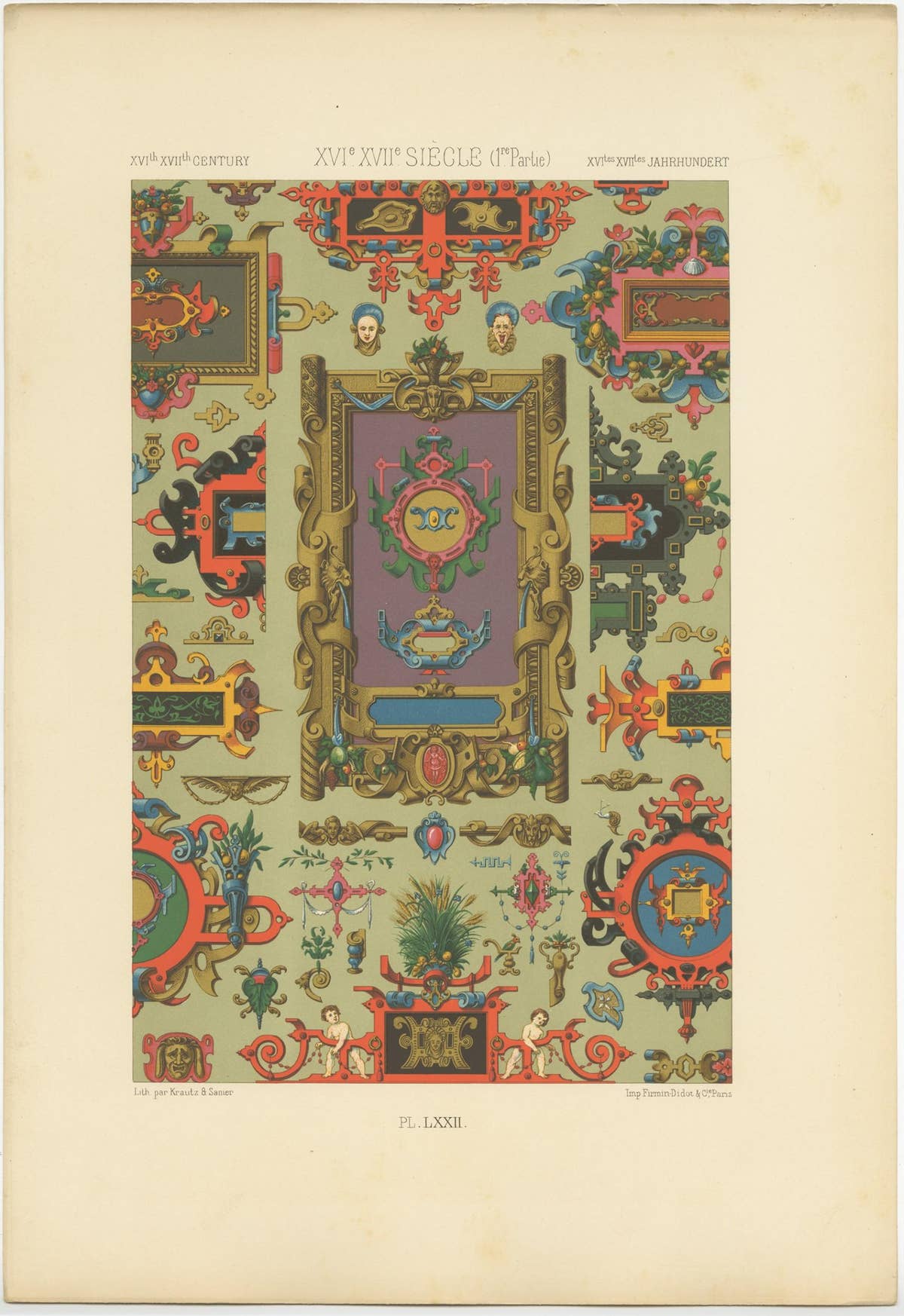 Pl. 72 Antique Print of XVIth and XVIIth Century Ornaments by Racinet (c.1890)