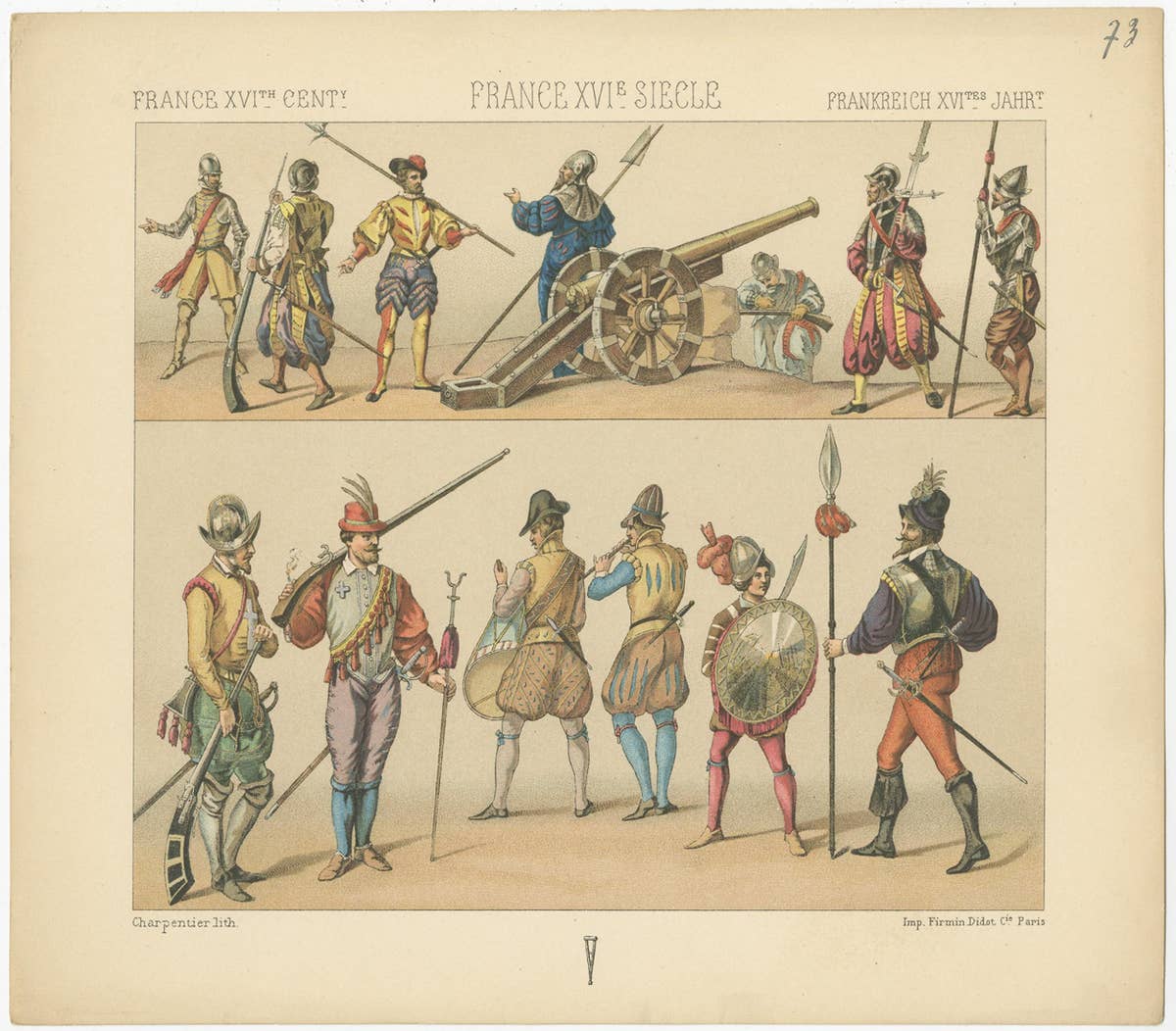 Pl. 73 Antique Print of French 16th Century Battle Costumes, Racinet, circa 1880