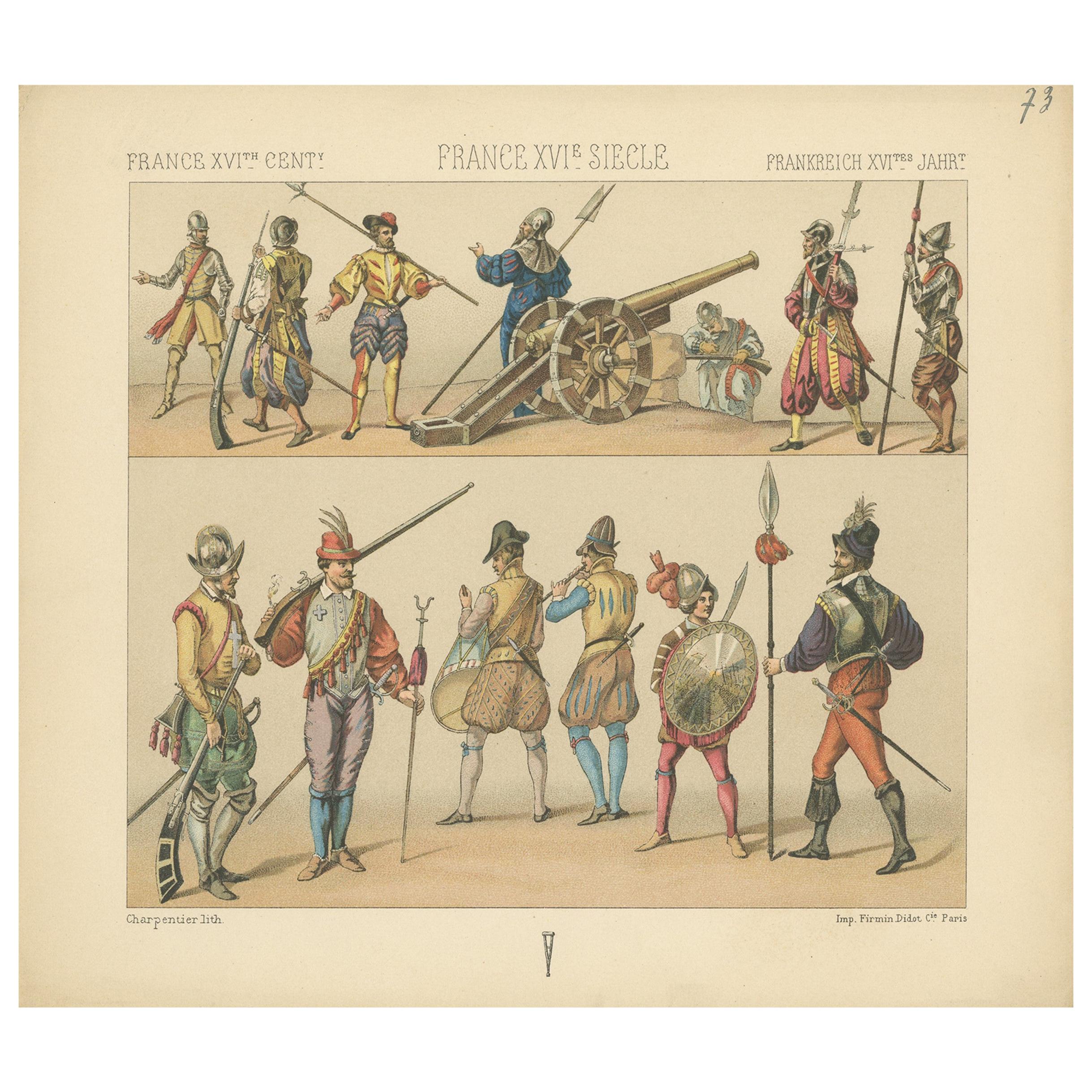 Pl. 73 Antique Print of French 16th Century Battle Costumes, Racinet, circa 1880 For Sale