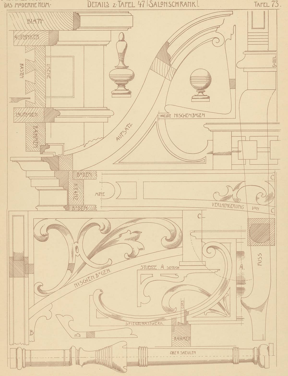 Pl 73 Antique Print of Furniture Details by Kramer, 'circa 1910'