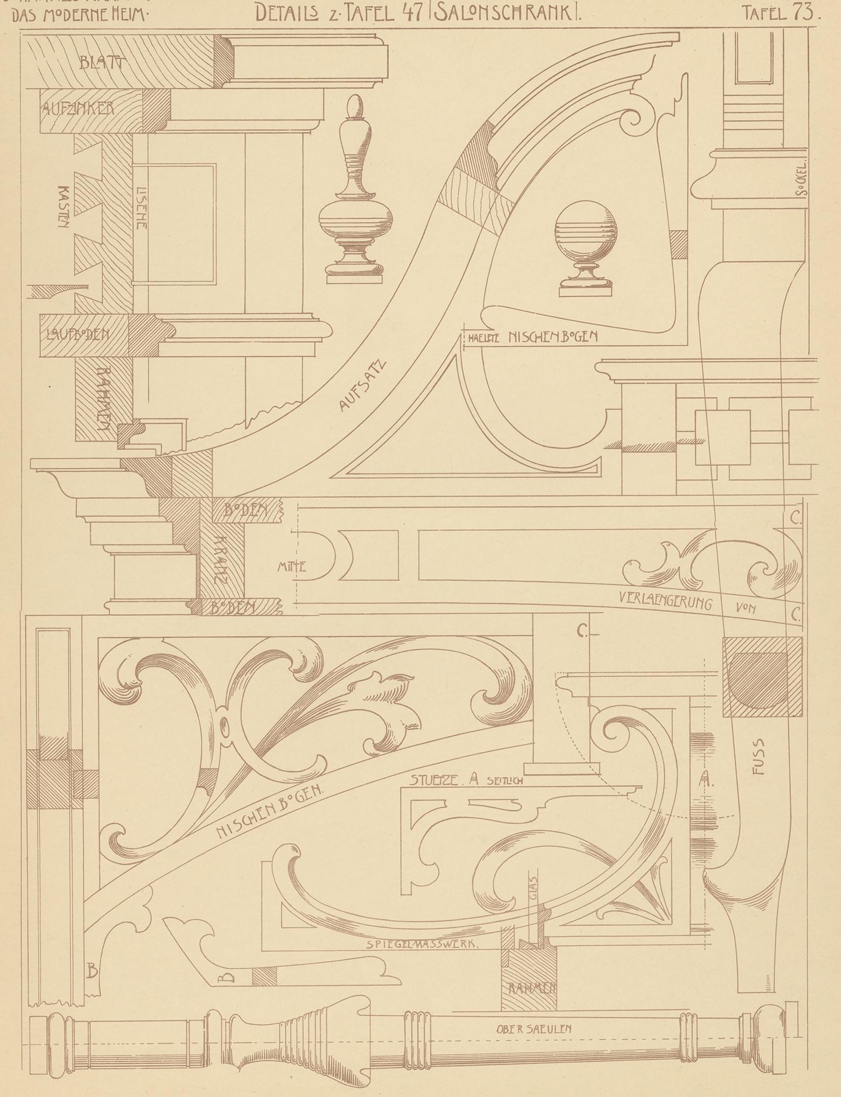 20ième siècle Impression ancienne de détails de meubles par Kramer, Pl 73, vers 1910 en vente