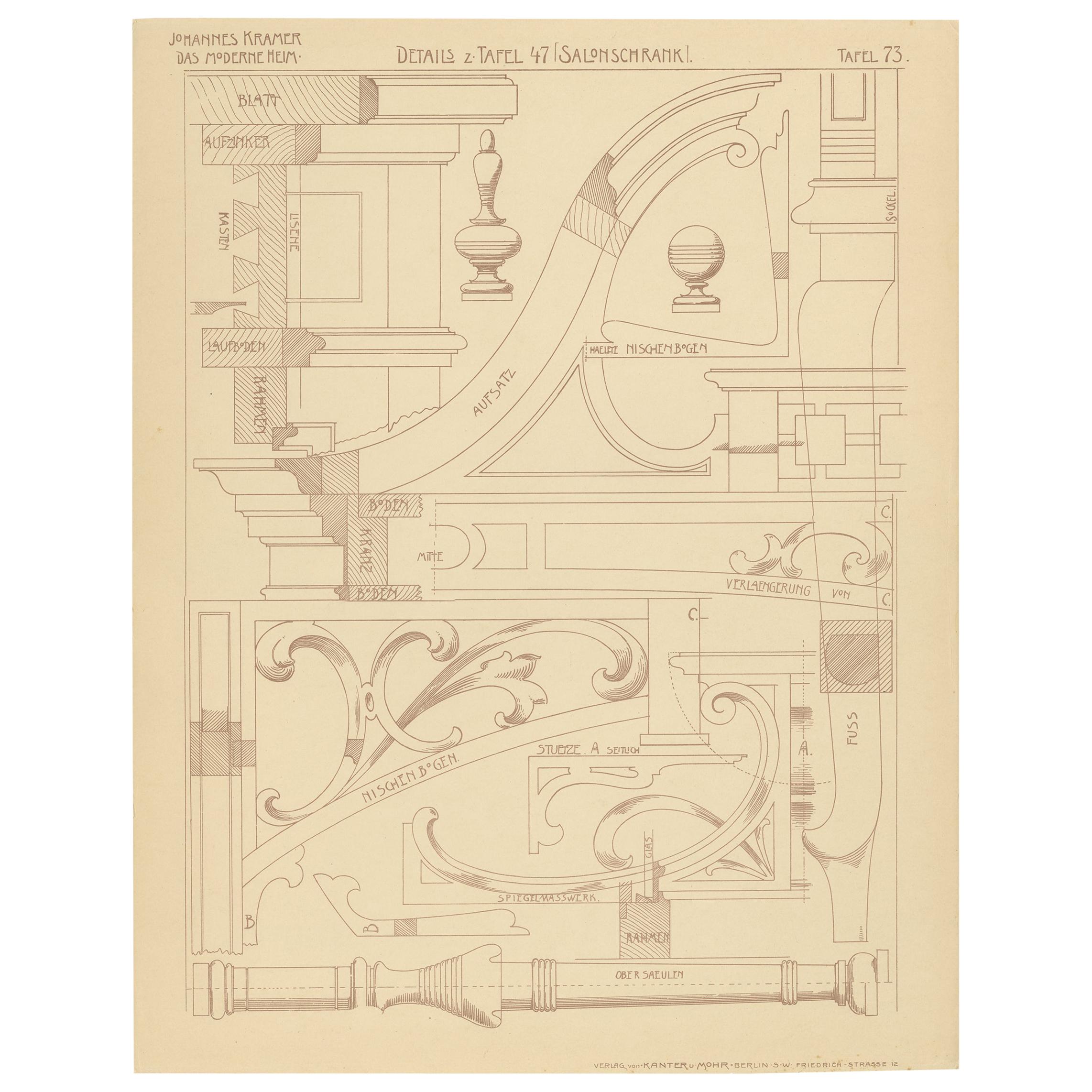 Pl 73 Antique Print of Furniture Details by Kramer, 'circa 1910'