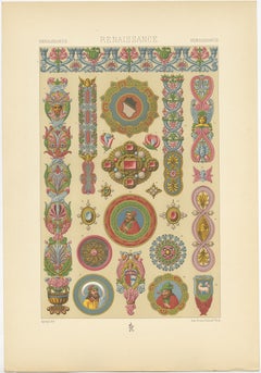Pl. 73 Antique Print of Renaissance Enameled Jewelry by Racinet, circa 1890