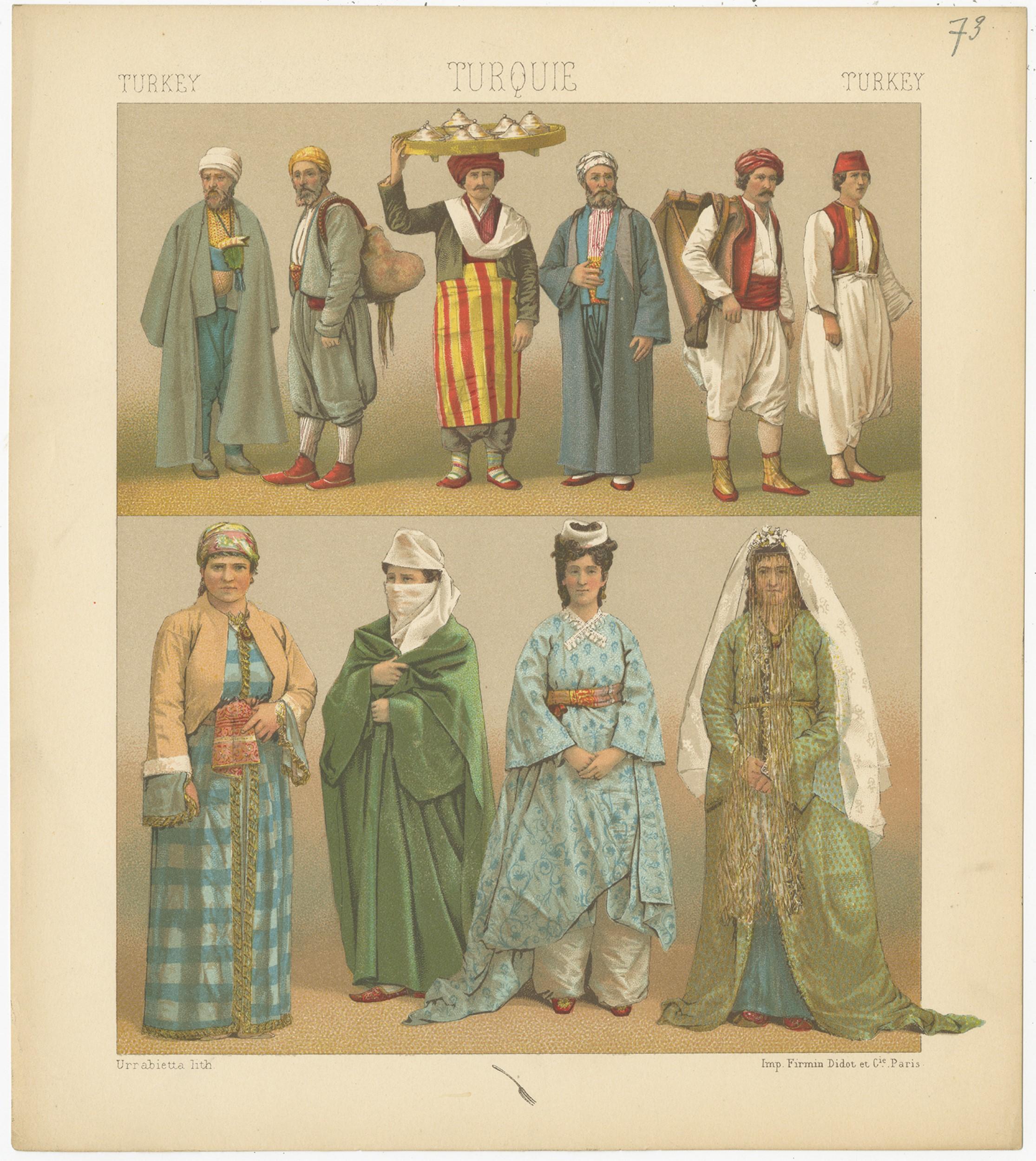 Antique print titled 'Turkey - Turque - Turkey'. Chromolithograph of Turkish Costumes. This print originates from 'Le Costume Historique' by M.A. Racinet. Published, circa 1880.