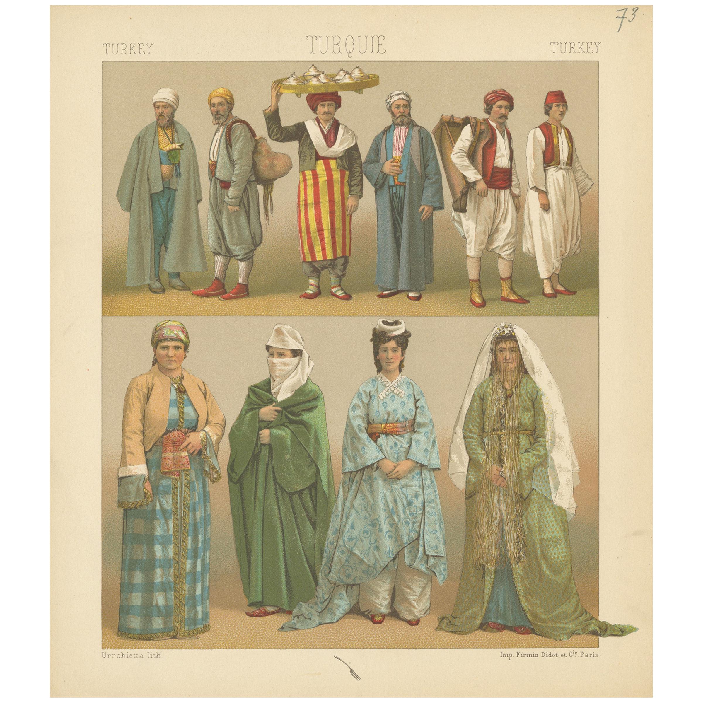 Antique Print of Turkish Costumes by Racinet, 'circa 1880' For Sale