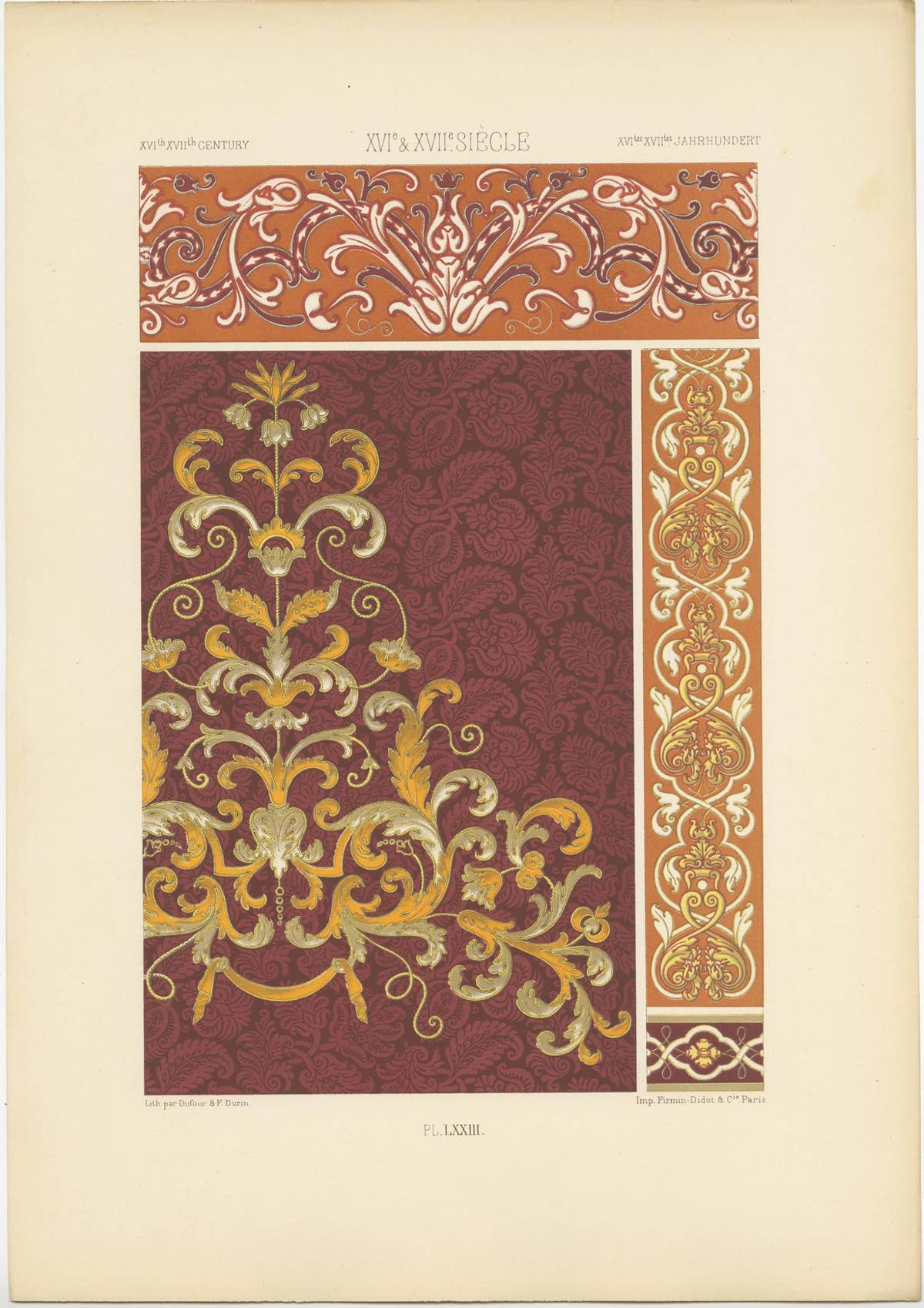 Pl. 73 Antique Print of XVIth and XVIIth Century Ornaments by Racinet circa 1890