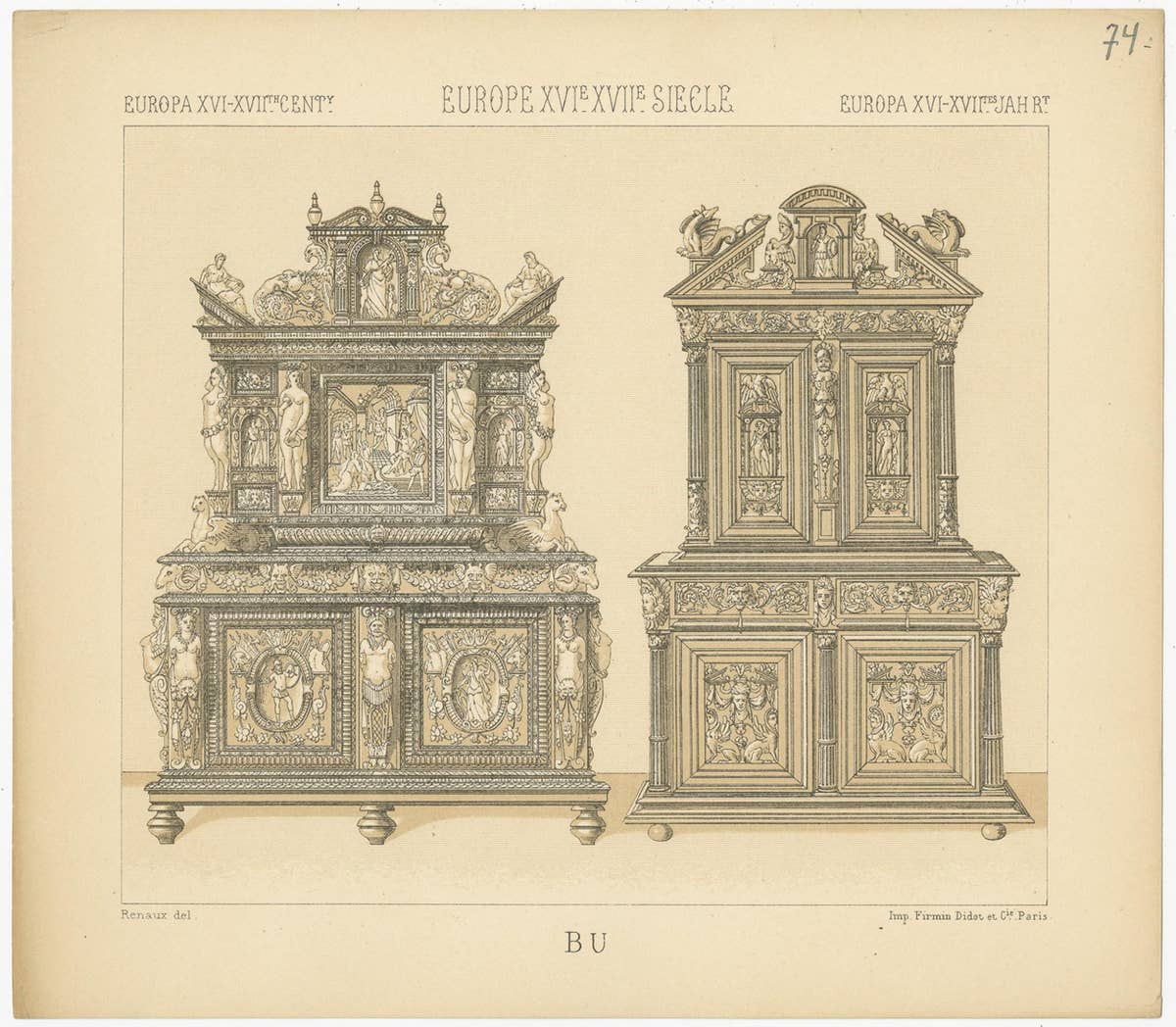 Pl. 74 Antique Print of European XVIth-XVIIth Furniture by Racinet 'circa 1880'