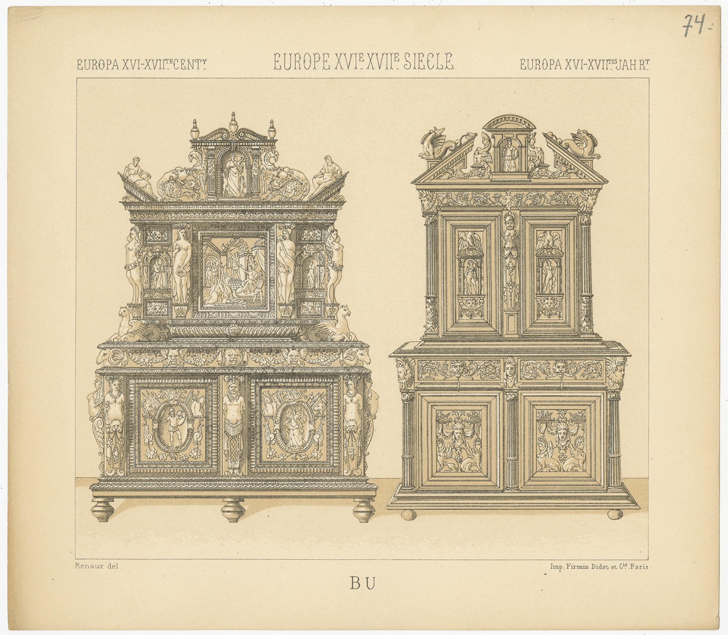 XIXe siècle Pl. 74 Impression ancienne de meubles européens XVIe-XVIIe siècles par Racinet, vers 1880 en vente