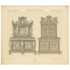 Pl. 74 Antique Print of European XVIth-XVIIth Furniture by Racinet 'circa 1880'