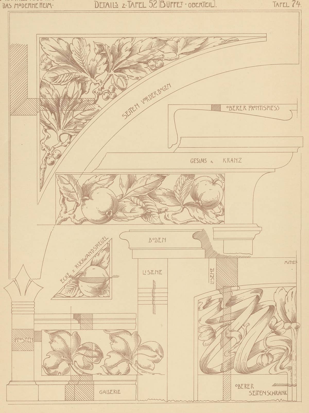 Pl. 74 Antique Print of Furniture Details by Kramer, circa 1910