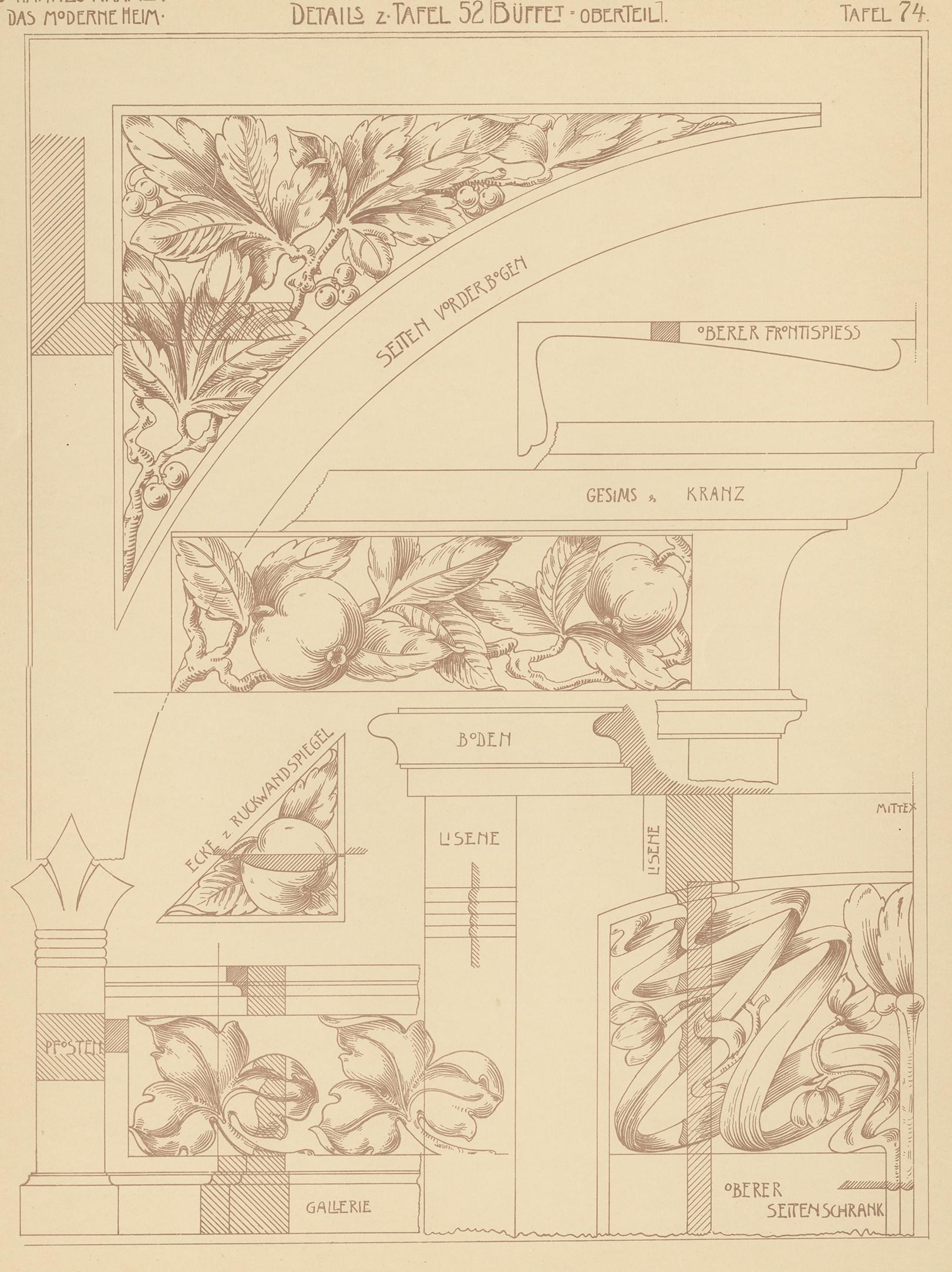 20th Century Pl. 74 Antique Print of Furniture Details by Kramer, circa 1910 For Sale