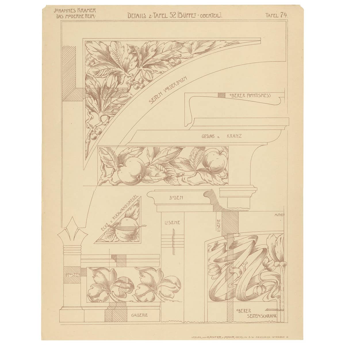 Pl. 74 Antique Print of Furniture Details by Kramer, circa 1910
