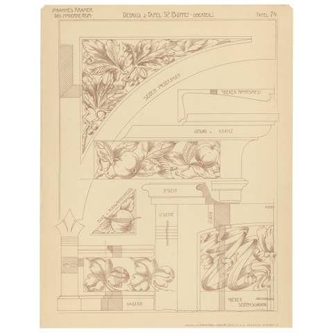 Pl. 74 Antique Print of Furniture Details by Kramer, circa 1910