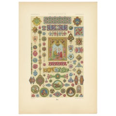 Pl. 74 Antique Print of Renaissance Enameled Jewelry by Racinet, circa 1890