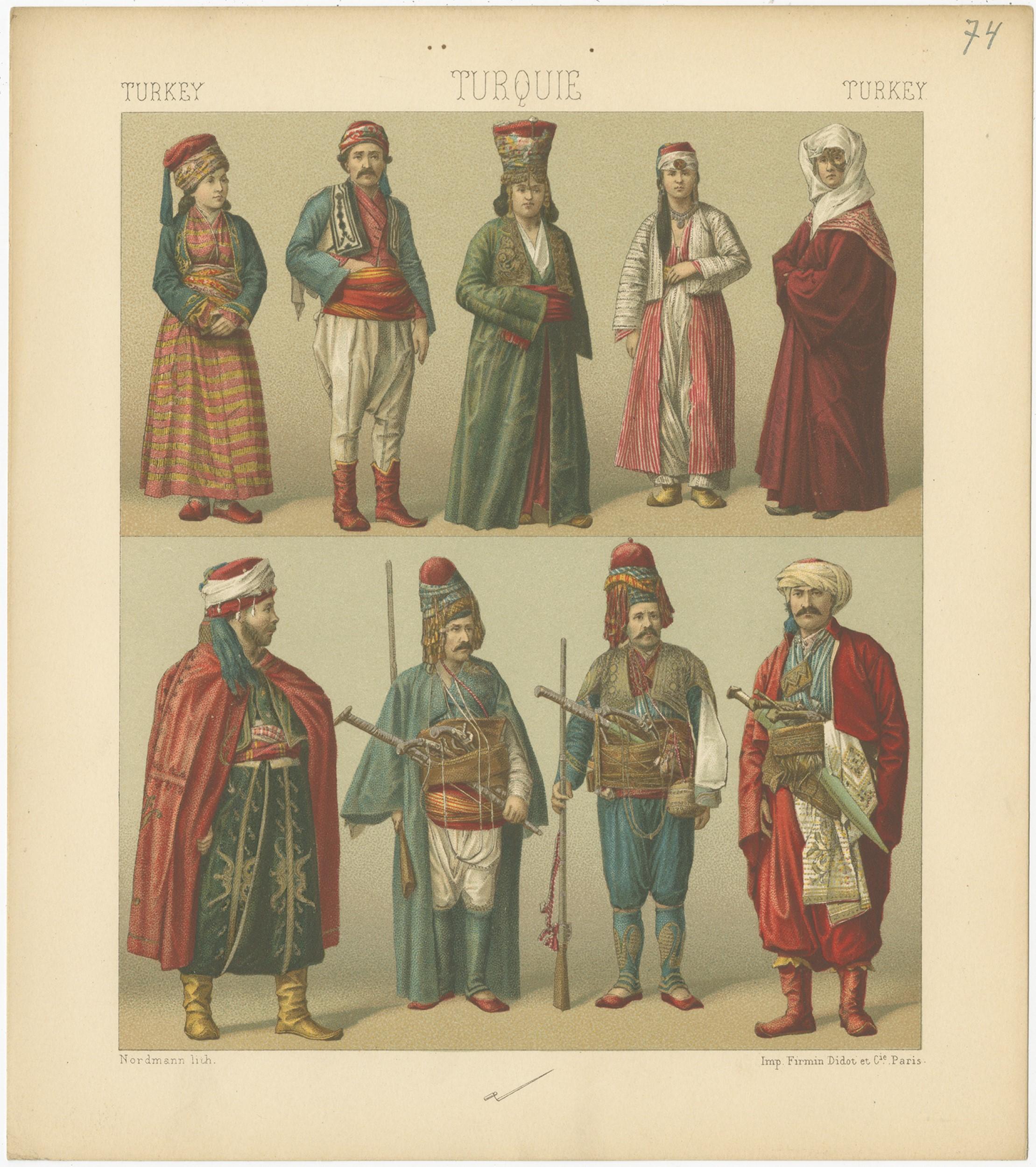 Antique print titled 'Turkey - Turque - Turkey'. Chromolithograph of Turkish costumes. This print originates from 'Le Costume Historique' by M.A. Racinet. Published, circa 1880.